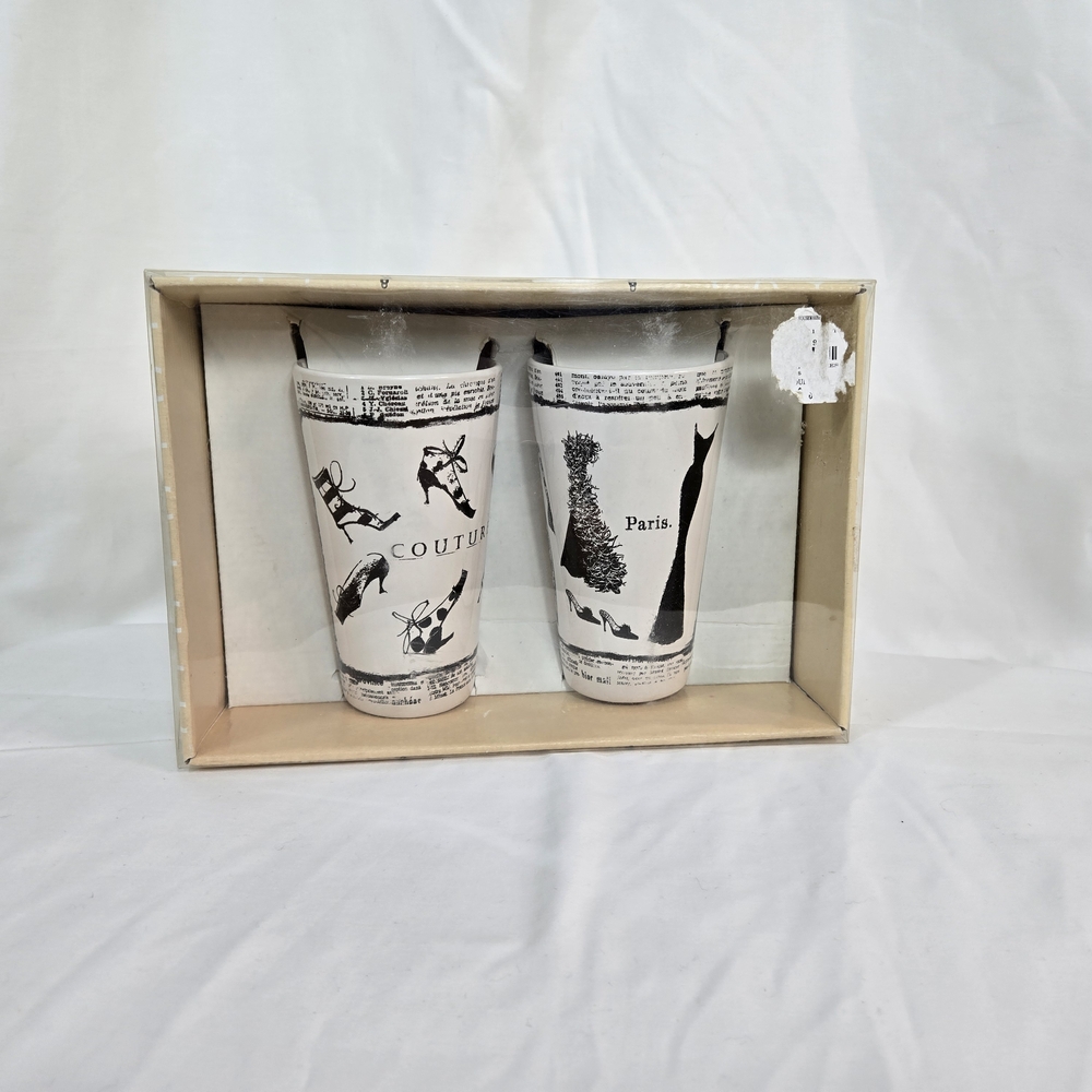 Century Black White Parisian Couture Set of 2 16oz Porcelain Latte‎ Mugs NIB VTG